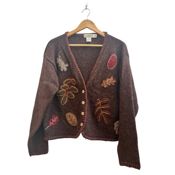 Vintage LL Bean Flaw Shetland Wool Appliqué Button Up Cardigan Size Large - Picture 2 of 11
